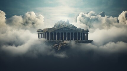 Ethereal Greek temple atop floating island clouds and mystery abound - obrazy, fototapety, plakaty