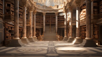 Magical library within Greek temple ancient scrolls and books fill shelves