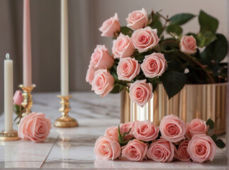Beautiful pink roses flower arrangement in the elegant luxury home - 763233857