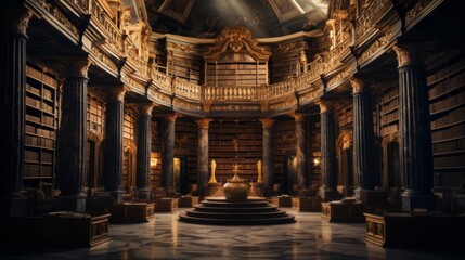 Greek temple transformed into magical library shelves of ancient texts