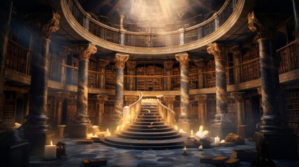 Naklejka premium Ancient scrolls books in Greek temple turned magical library