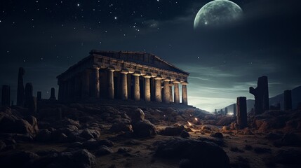 Otherworldly landscape with Greek temple aliens observe in wonder