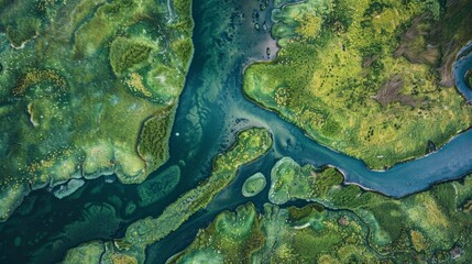 Aerial view of a meandering river with lush greenery - obrazy, fototapety, plakaty