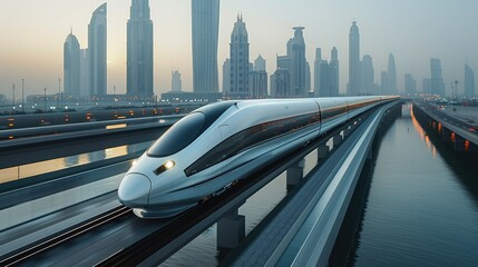 A white sci-fi high-speed train is driving on a bridge, with buildings in a modern city style and skyline background. Generative AI. - obrazy, fototapety, plakaty