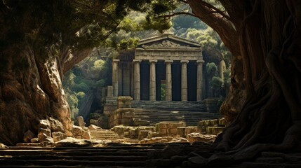 Greek temple in mystical forest's ancient tree secrets guarded by creatures - obrazy, fototapety, plakaty