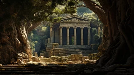 Fotobehang Greek temple in mystical forest's ancient tree secrets guarded by creatures © javier