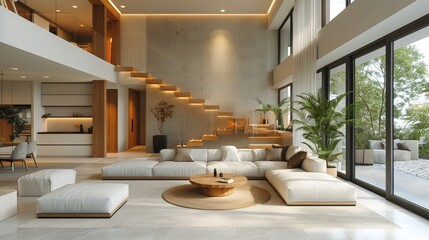 modern interiors design with big  sofa, armchair and big  windows