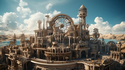 Whimsical steampunk cityscape with Greek temple gears and flying machines - obrazy, fototapety, plakaty