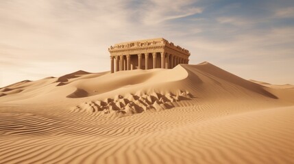 Greek temple in endless desert sand dunes create patterns around structure