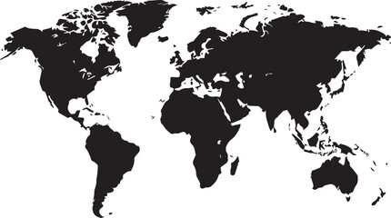 Background is white. Black silhouette illustration of a realistic world map icon black on white background
