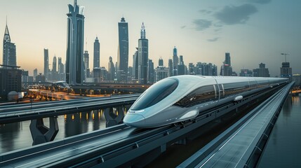 A white sci-fi high-speed train is driving on a bridge, with buildings in a modern city style and skyline background. Generative AI. - obrazy, fototapety, plakaty