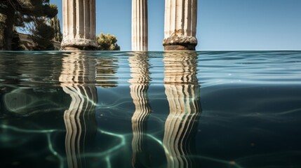 Submerged Doric column in pond its reflection shimmering on water - obrazy, fototapety, plakaty