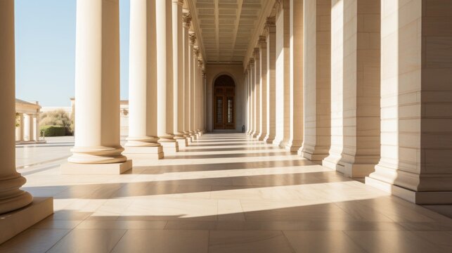 Covered Doric walkway columns cast intricate shadow patterns below