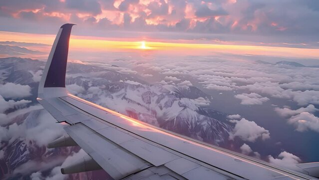 In-flight perspective: Animated airplane window view during flight.