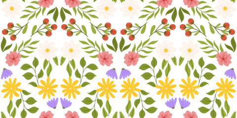 Behang Seamless arrangement showcasing floral elements. Botanical-inspired repeated design with white, yellow, and lilac flowers, pink cherry blossom, branch with red berries, and various leaves. © renko_art
