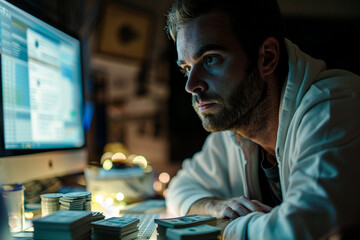 The man's intense focus on the computer screen highlights the dynamic fluctuations of the stock market, while stacks of dollars on the table symbolize both potential gains and risk - obrazy, fototapety, plakaty