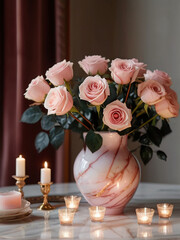 Beautiful pink roses flower arrangement in the elegant luxury home - 763234492