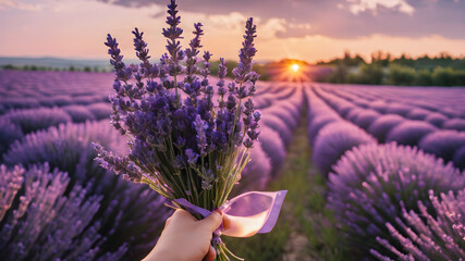 A bouquet of lavender in hand.   blooming lavender fields,  AI generated image, ai.