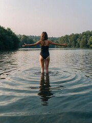 a woman in swimsuit standing in a body of water enjoying nature 