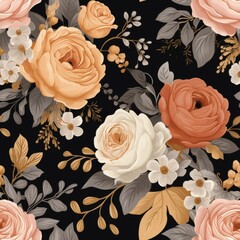 Exquisite Vintage Floral Seamless Pattern Featuring Beautiful Blooming Roses on Elegant Black Background. Perfect for Textile Design, Wallpaper, Gift Wrapping, and More.