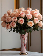 Beautiful pink roses flower arrangement in the elegant luxury home - 763234895