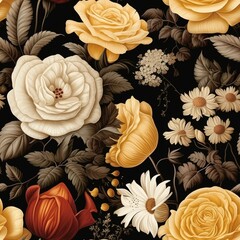Elegant vintage floral pattern with intricate yellow and white flowers on a sophisticated black background, perfect for adding a touch of timeless charm to your design projects.