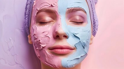 Woman in Blue and Pink Makeup Face Mask with Oversize Towel