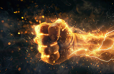 Lightning fist over a dark background, A fist of power hold the lightning, A fist of power hold the lightning in a dark background