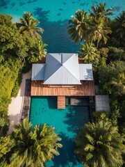 Aerial view simple elegant minimalist modern tropical beach house 