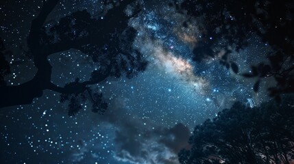Starry night sky through silhouette of trees