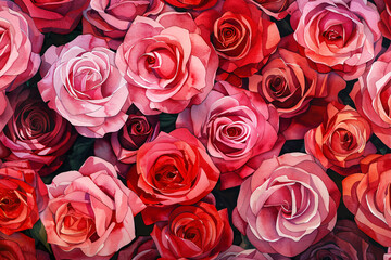Top view of many red and pink rose flowers