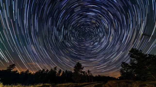 Star trails over a forest at night