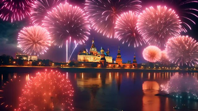 Beautiful fireworks night in Moscow city of celebration