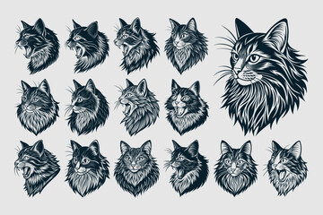 Bundle of side view norwegian forest cat head illustration design