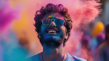 Mężczyzna z brodą i okularami jest pokryty kolorowym proszkiem podczas celebracji kolorów Holi. Wygląda dynamicznie i pełen energii. - obrazy, fototapety, plakaty
