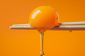 A yellow egg is being held by chopsticks with a drizzle of honey on top. A chopstick holding a egg yolk as it descends in a liquid state, in a commercial photography style with bright colors - obrazy, fototapety, plakaty