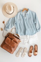 Woman clothes and accessories set on white background top view. modern and casual outfit. fashion, shopping and makeup concept. Flat lay, top view.