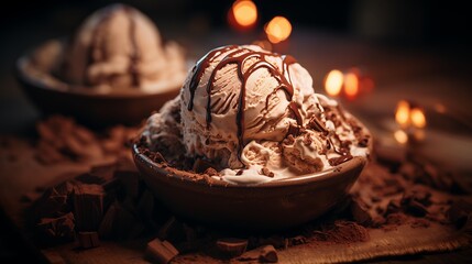 A bowl of coffee ice cream with chocolate sauce and chunks of chocolate, Delicious icecream with...