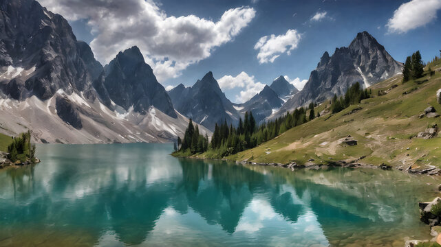 View of a beautiful mountain lake. Mountain lake reflection. Beautiful mountain lake. Mountain lake landscape.  AI generated image, ai