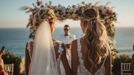 Two brides at altar | Ocean view | Sunset lighting | Elegant wedding dresses | Lace details | Bridal hairstyles with braids | Intimate ceremony setting | Romantic coastal backdrop | Lesbian Pride LGBT