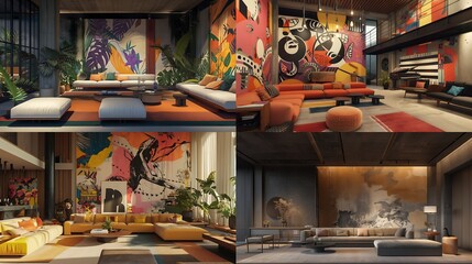 an AI-crafted illustration showcasing a contemporary living space, accentuated by modern couches and an imaginative wall mural that adds an element of intrigue and style