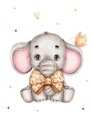 Little elephant and bow; watercolor hand drawn illustration
