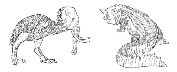 Coloring page with the animals mutants. Coloring book with fantasy creatures.	
