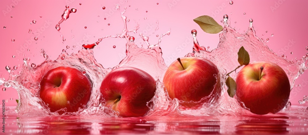 Canvas Prints apples are immersed in liquid on a pink background, creating a vibrant art piece with a touch of mag