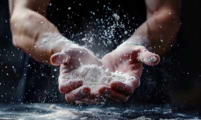 close-up hands holding flour, cook preparing to bake, kitchen 