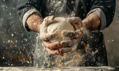 close-up hands holding dough and flour, cook preparing to bake, kitchen  - obrazy, fototapety, plakaty