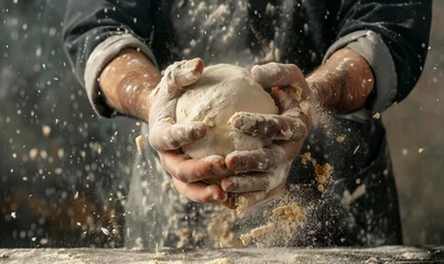 Foto op Canvas close-up hands holding dough and flour, cook preparing to bake, kitchen  © Deea Journey 