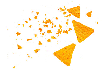 Pile tortilla chips crumbs, yellow pieces flying isolated on white background