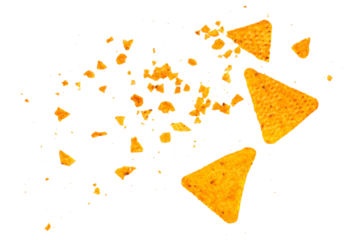 Pile tortilla chips crumbs, yellow pieces flying isolated on white background