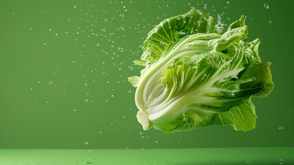 A fresh Chinese cabbage flying in the air green background - obrazy, fototapety, plakaty